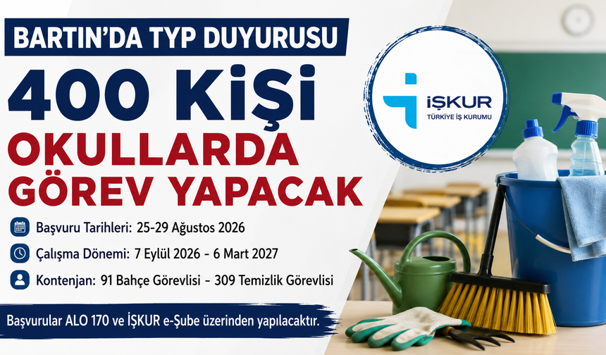 Bartın'da Okullarda 400 Kişiye 6 Ay İş İmkanı, Kura Yok